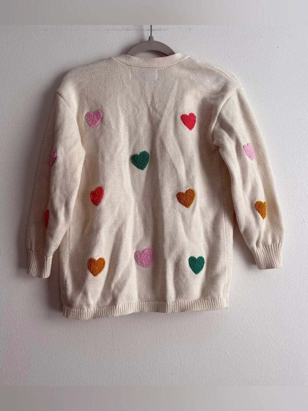 Old Navy Ivory Knit Open Front Cardigan Sweater Embroidered Hearts Girls 5T